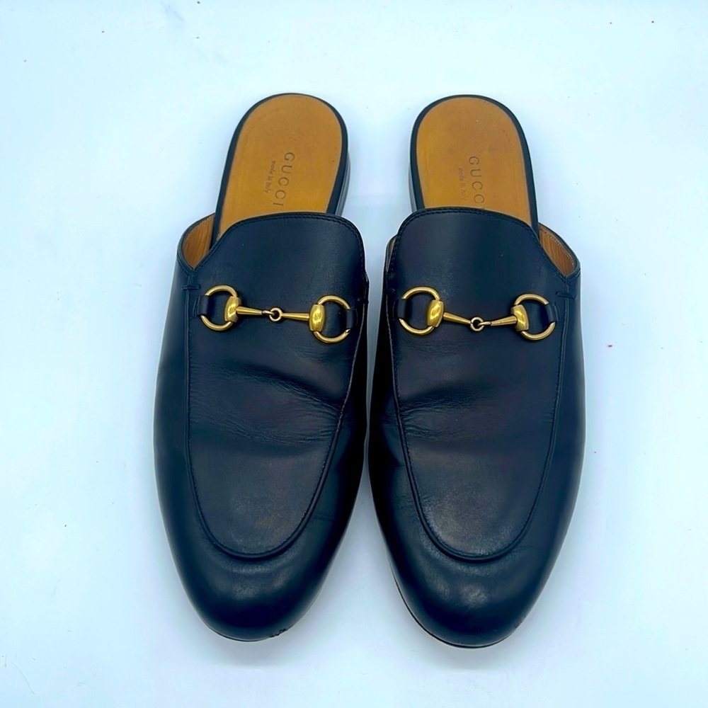 Gucci Black Leather Horsebit Backless Mules with Gold Hardware
